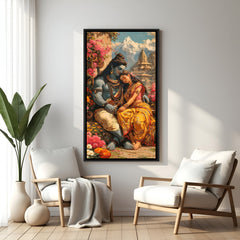 Shiva Parvati devotional wall art in black frame featuring divine couple with temple and floral background