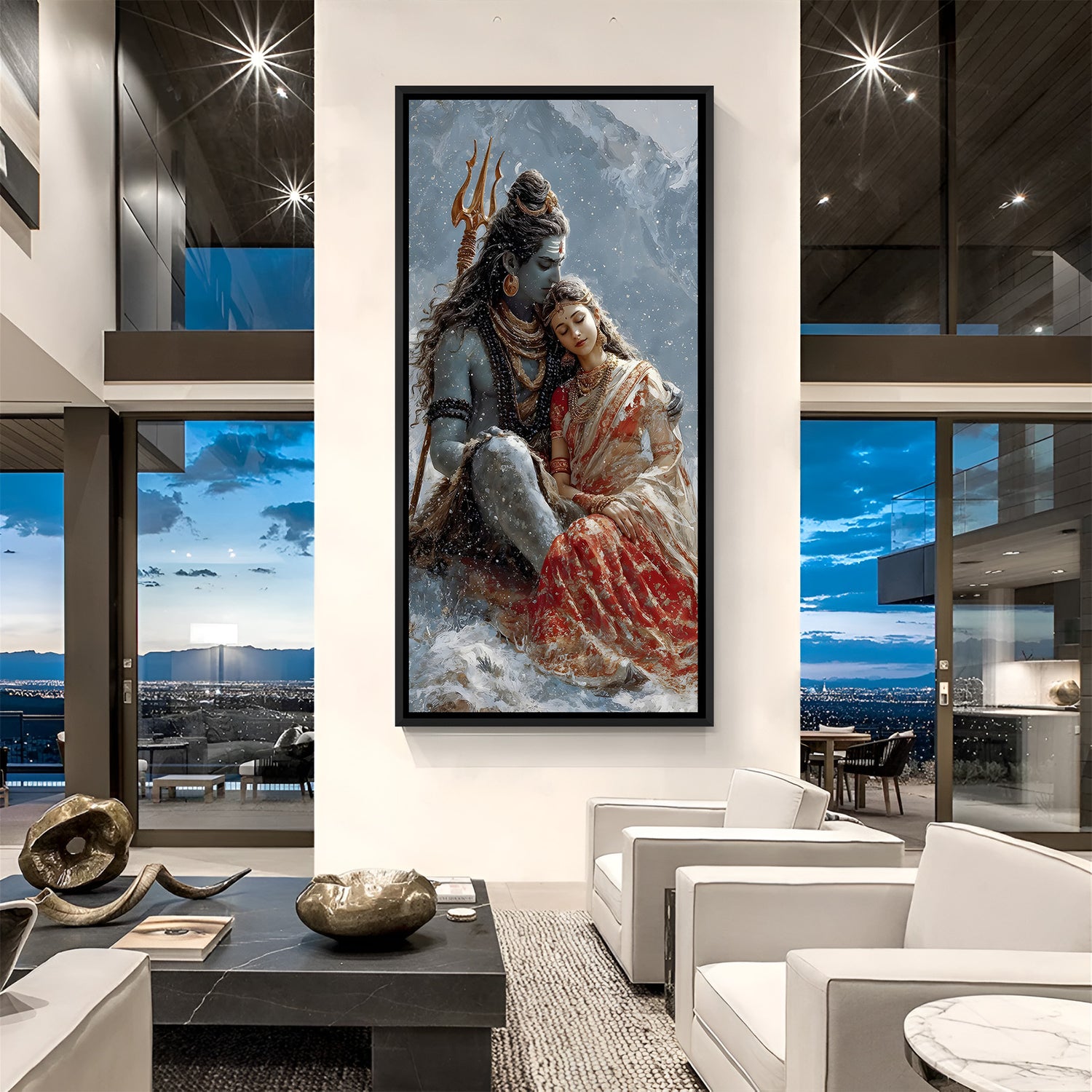 Shiva Parvati devotional wall art with black floater frame and serene mountain backdrop