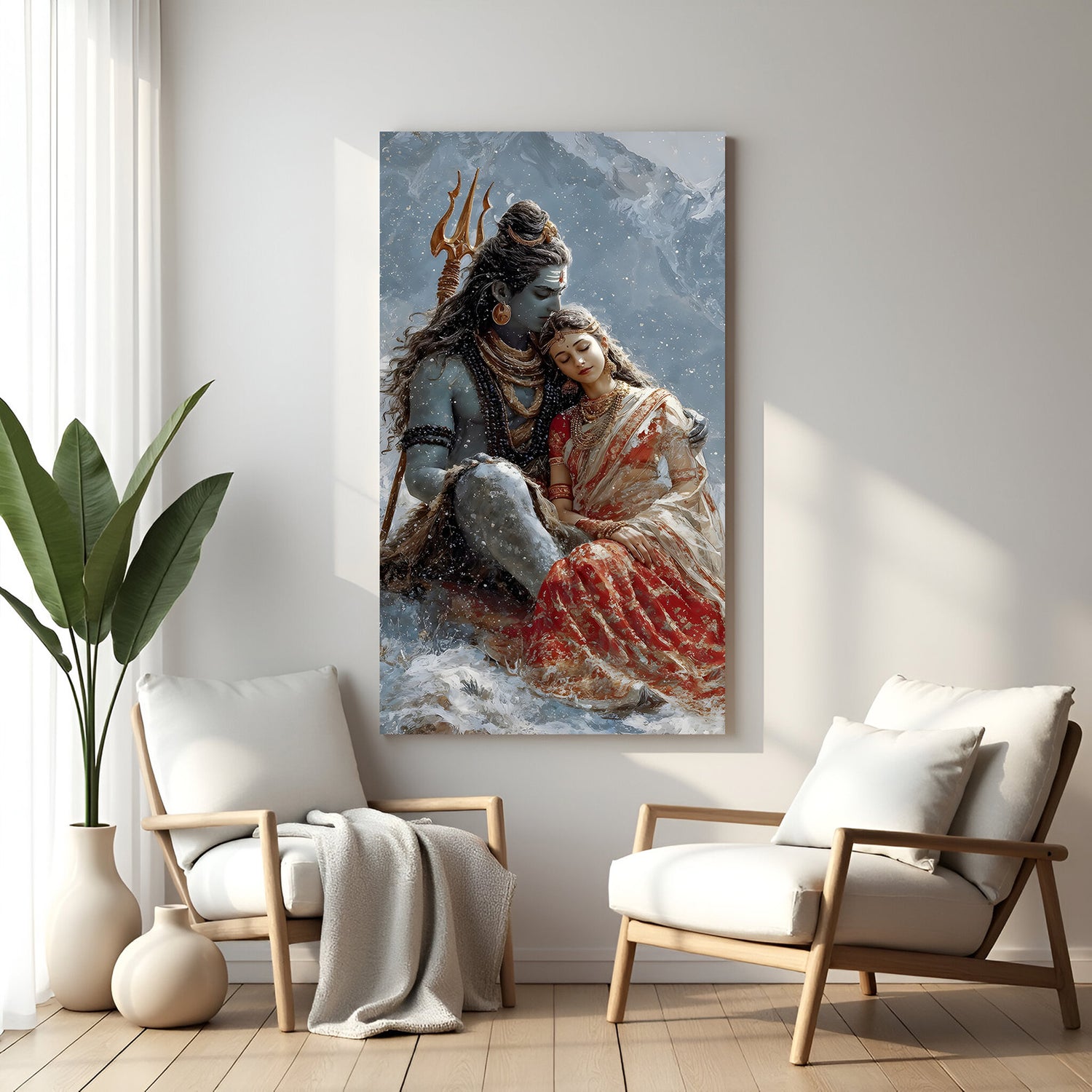 Shiva and Parvati embracing in snowy mountain setting vertical canvas wall art