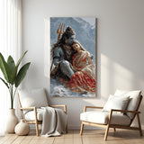 Shiva and Parvati embracing in snowy mountain setting vertical canvas wall art