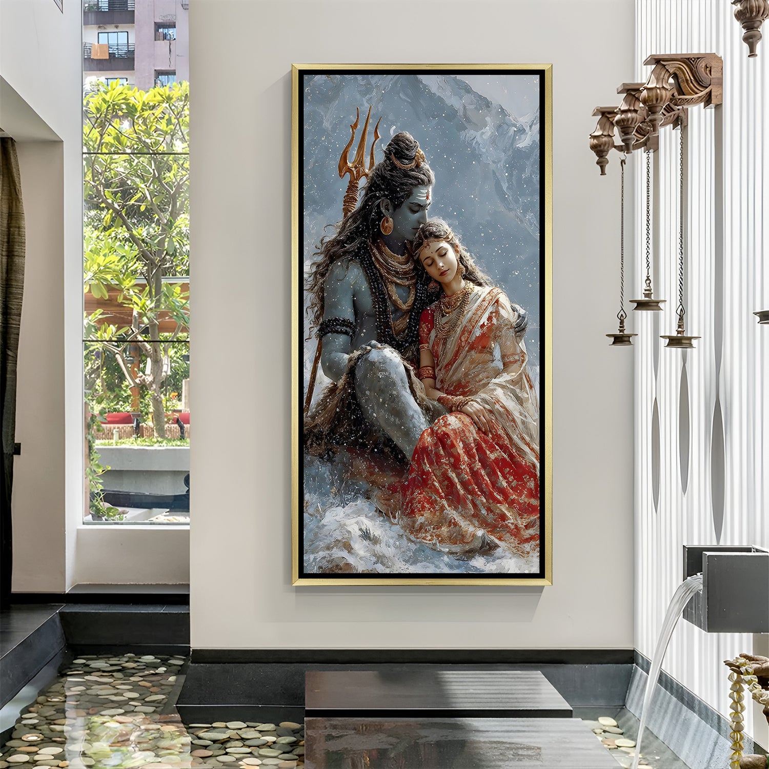 Shiva and Parvati romantic canvas artwork with golden floater frame and detailed red saree