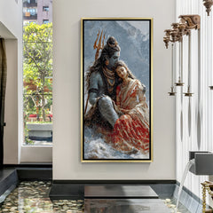 Shiva and Parvati romantic canvas artwork with golden floater frame and detailed red saree