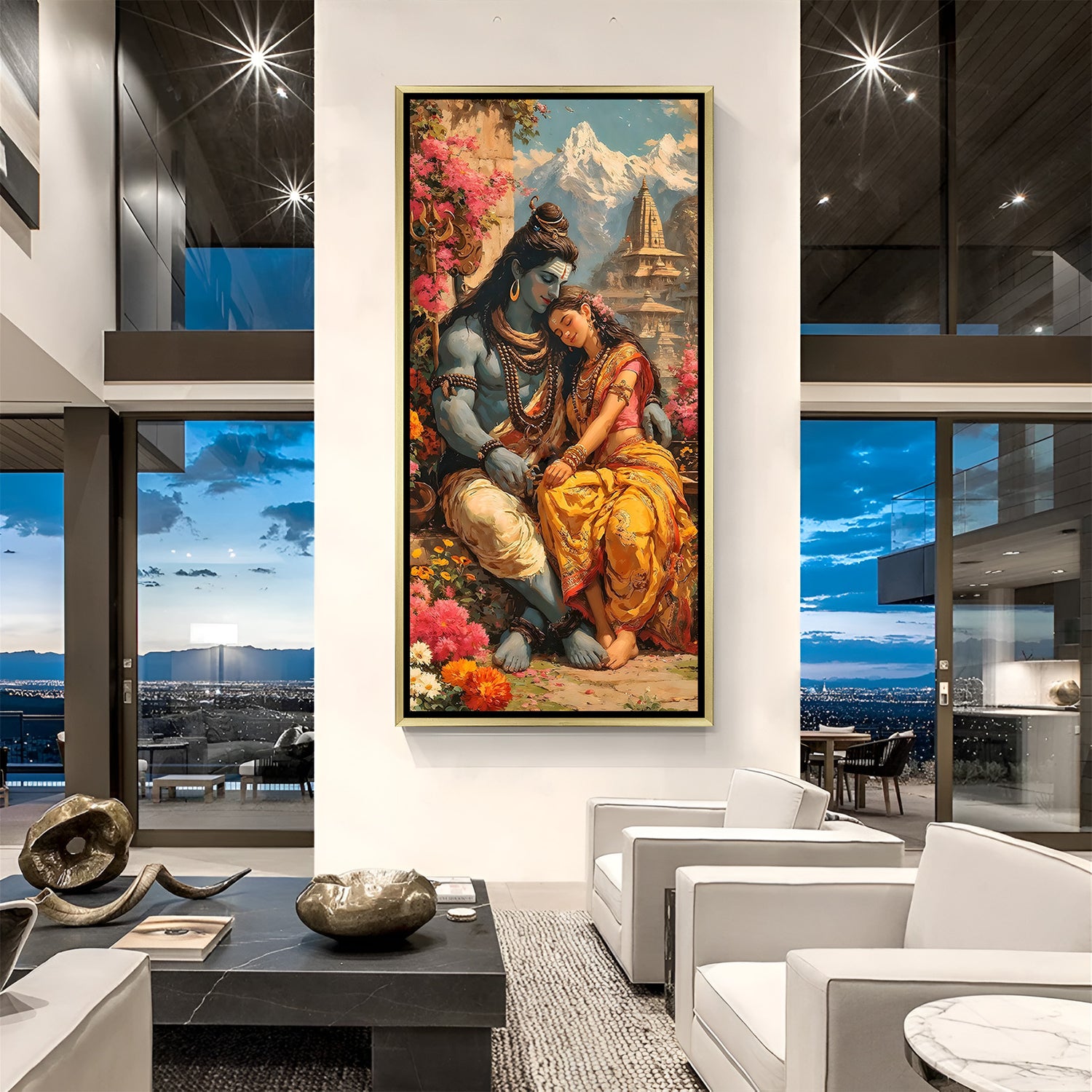 Luxury Shiva Parvati canvas wall art in golden frame with Himalayan temple and blooming garden scene