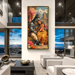 Luxury Shiva Parvati canvas wall art in golden frame with Himalayan temple and blooming garden scene