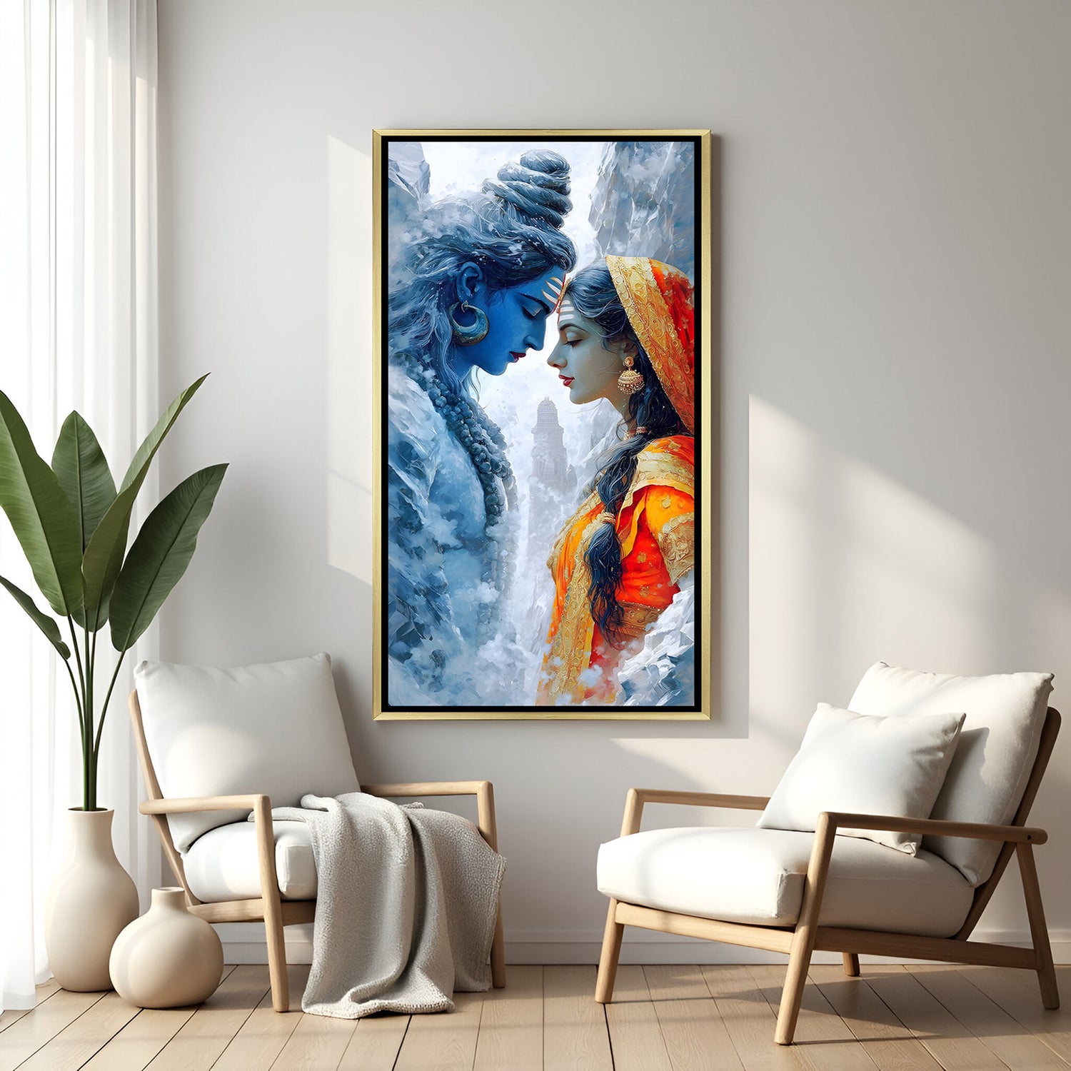 Shiva Parvati premium canvas wall art with golden floater frame for Indian interiors
