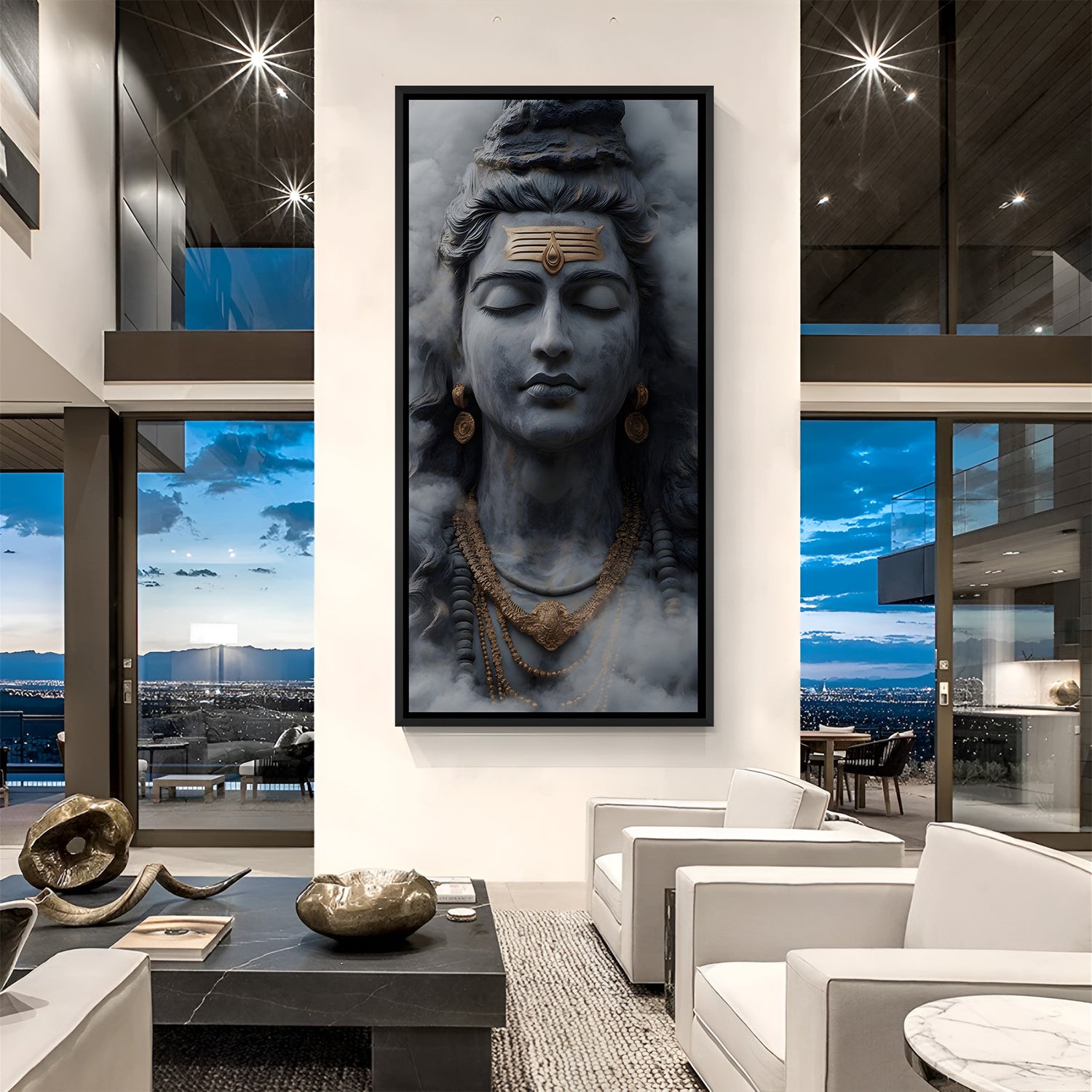 Monochrome Shiva meditation wall art with black floater frame