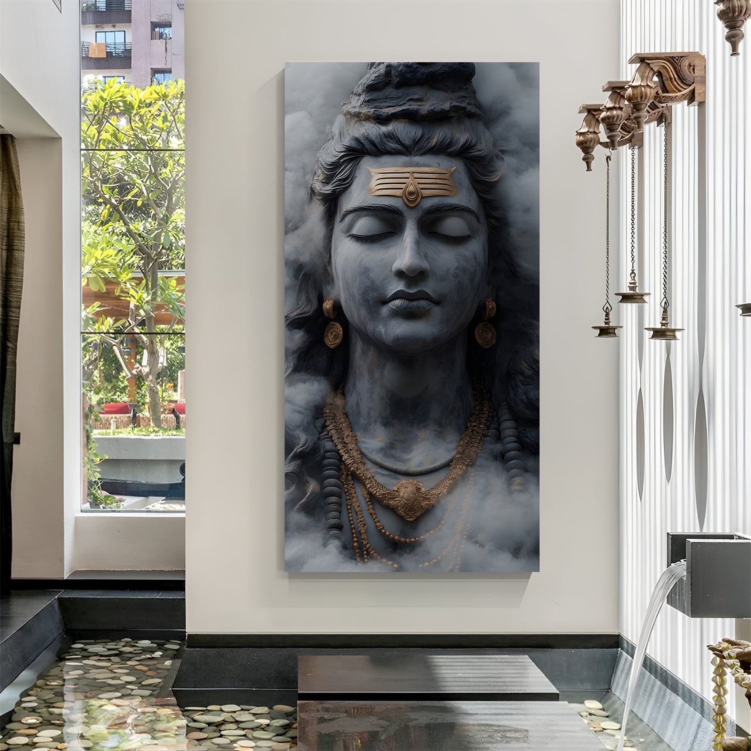 Minimal Shiva portrait emerging from smoke vertical canvas wall art