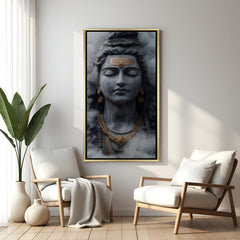 Luxury Shiva portrait canvas with golden floater frame and subtle gold detailing
