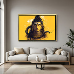 Shiva snake canvas wall art in golden floater frame luxury Hindu decor India