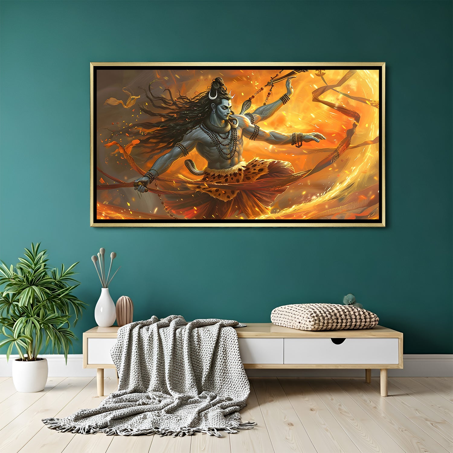 Shiva Tandav canvas wall art in golden floater frame luxury Hindu decor India