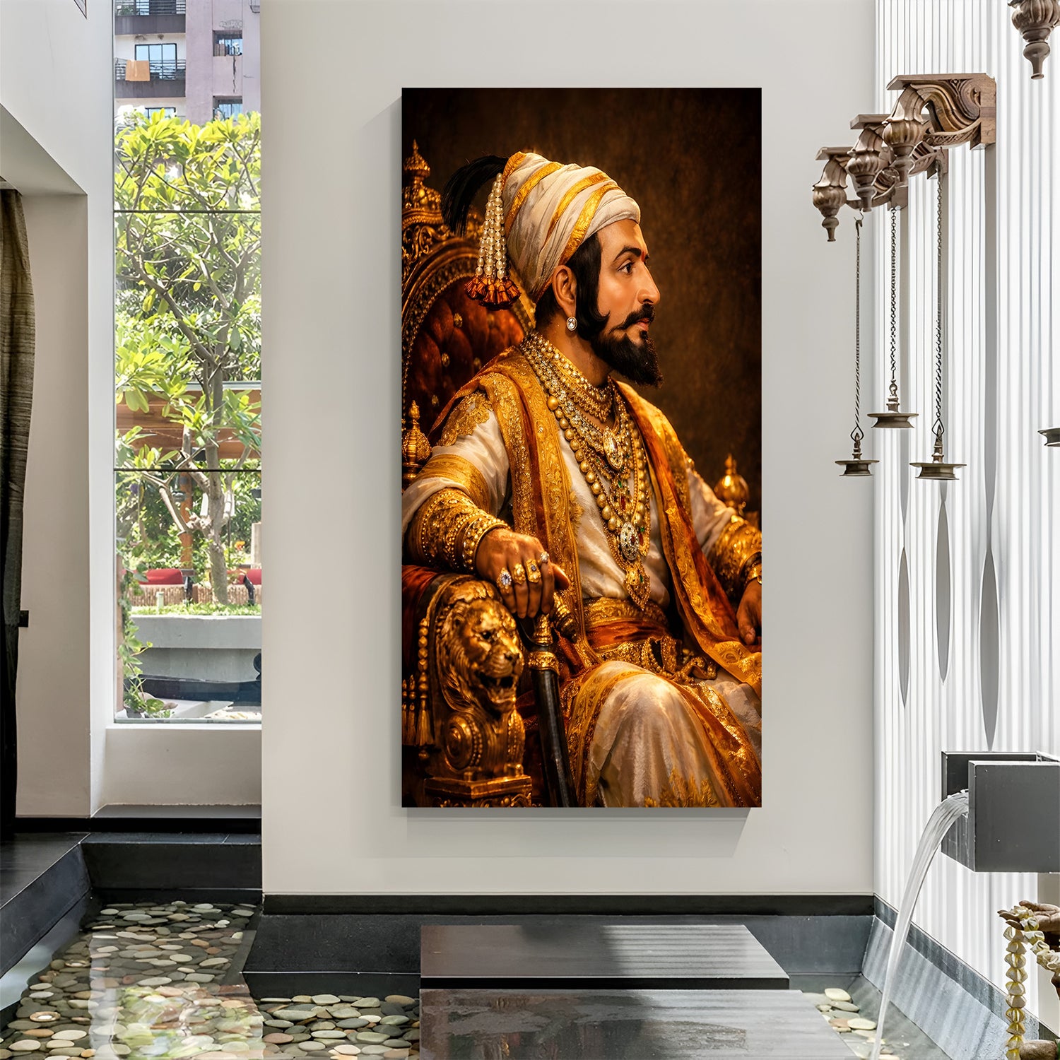 Chhatrapati Shivaji Maharaj sitting in a royal side pose on a throne canvas wall art in premium canvas wrapped frame