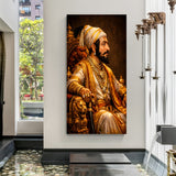 Chhatrapati Shivaji Maharaj sitting in a royal side pose on a throne canvas wall art in premium canvas wrapped frame