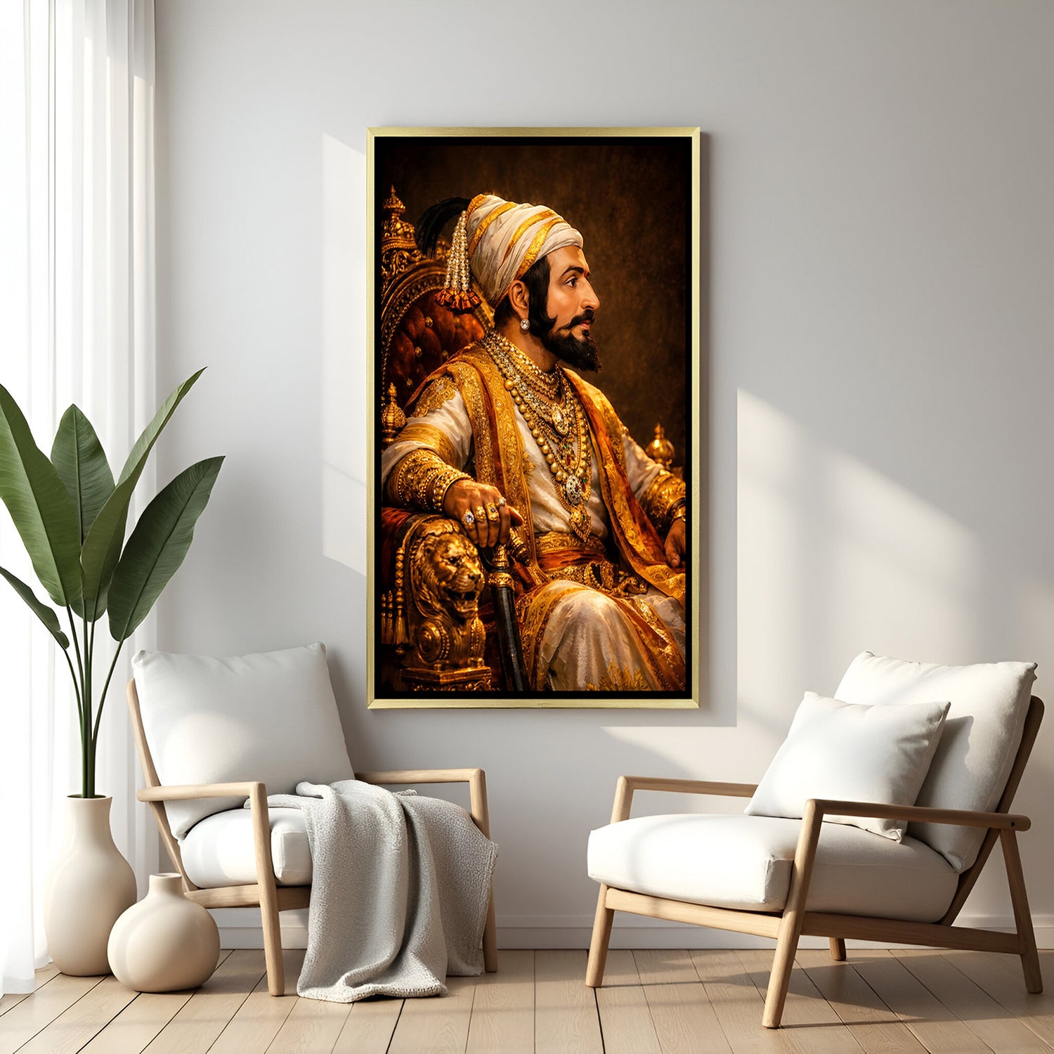 Chhatrapati Shivaji Maharaj throne artwork in luxury golden floater frame featuring a regal side profile pose