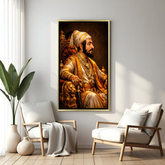 Chhatrapati Shivaji Maharaj throne artwork in luxury golden floater frame featuring a regal side profile pose