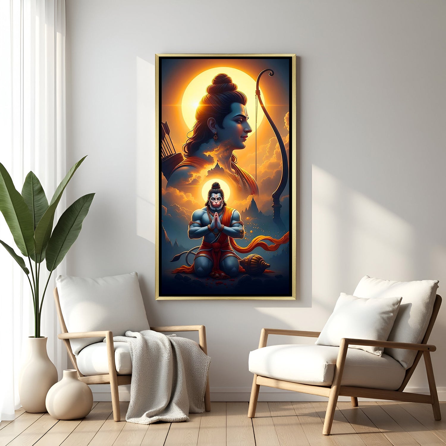 premium golden framed shree ram and hanuman ji canvas art radiating spiritual warmth devotion and protection