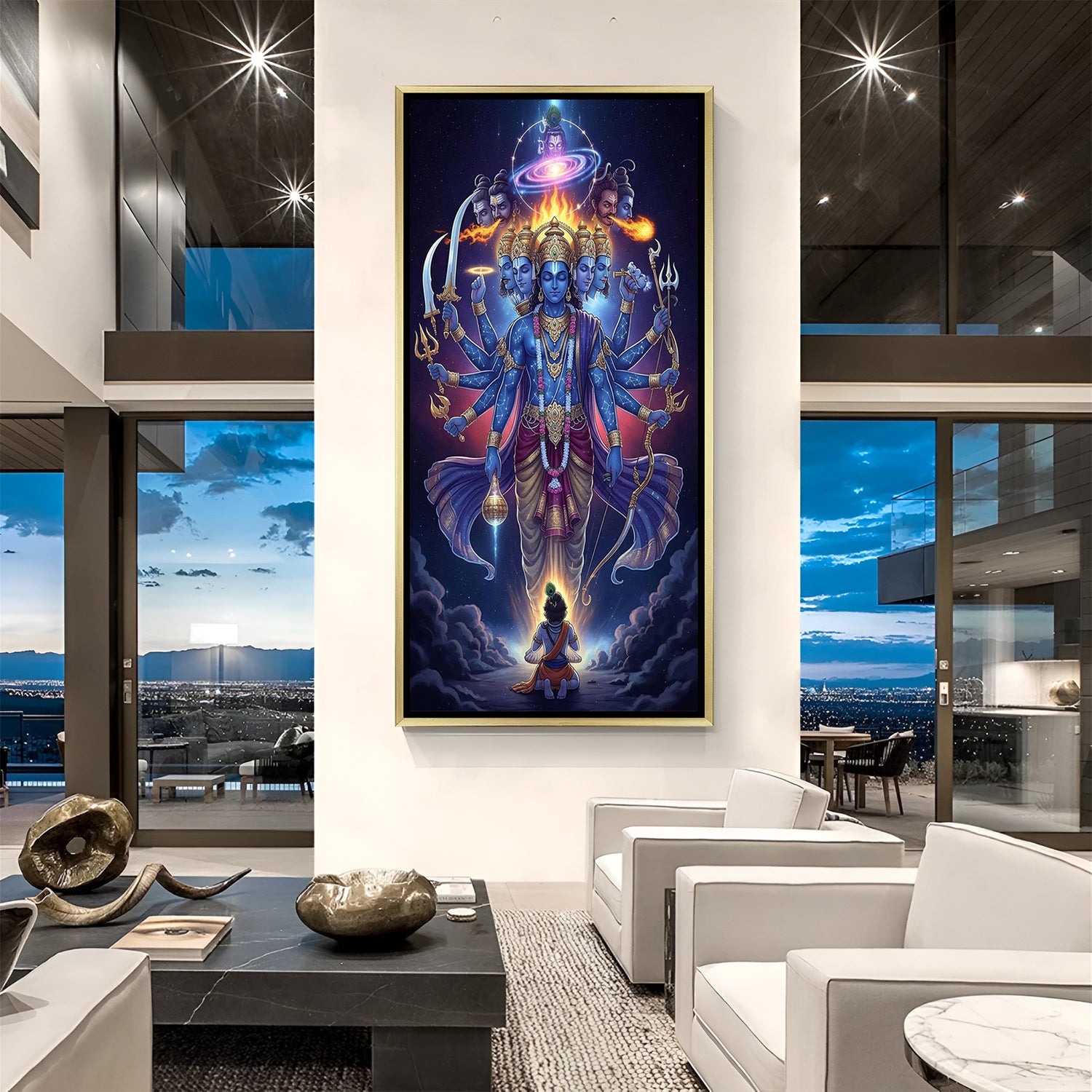 vishwaroop shri krishna golden framed canvas wall art offering vastu positivity peace and divine cosmic presence in home or temple room