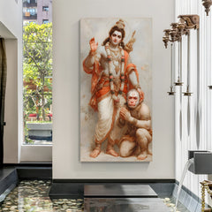 Shri Ram Hanuman Ji blessing wall art canvas vertical devotional painting for pooja room.