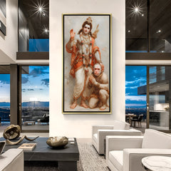 Shri Ram Hanuman Ji devotional gold frame canvas wall art for temple and home.