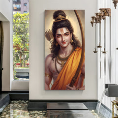 Shri Ram portrait wall art canvas painting with bow for pooja room decor.
