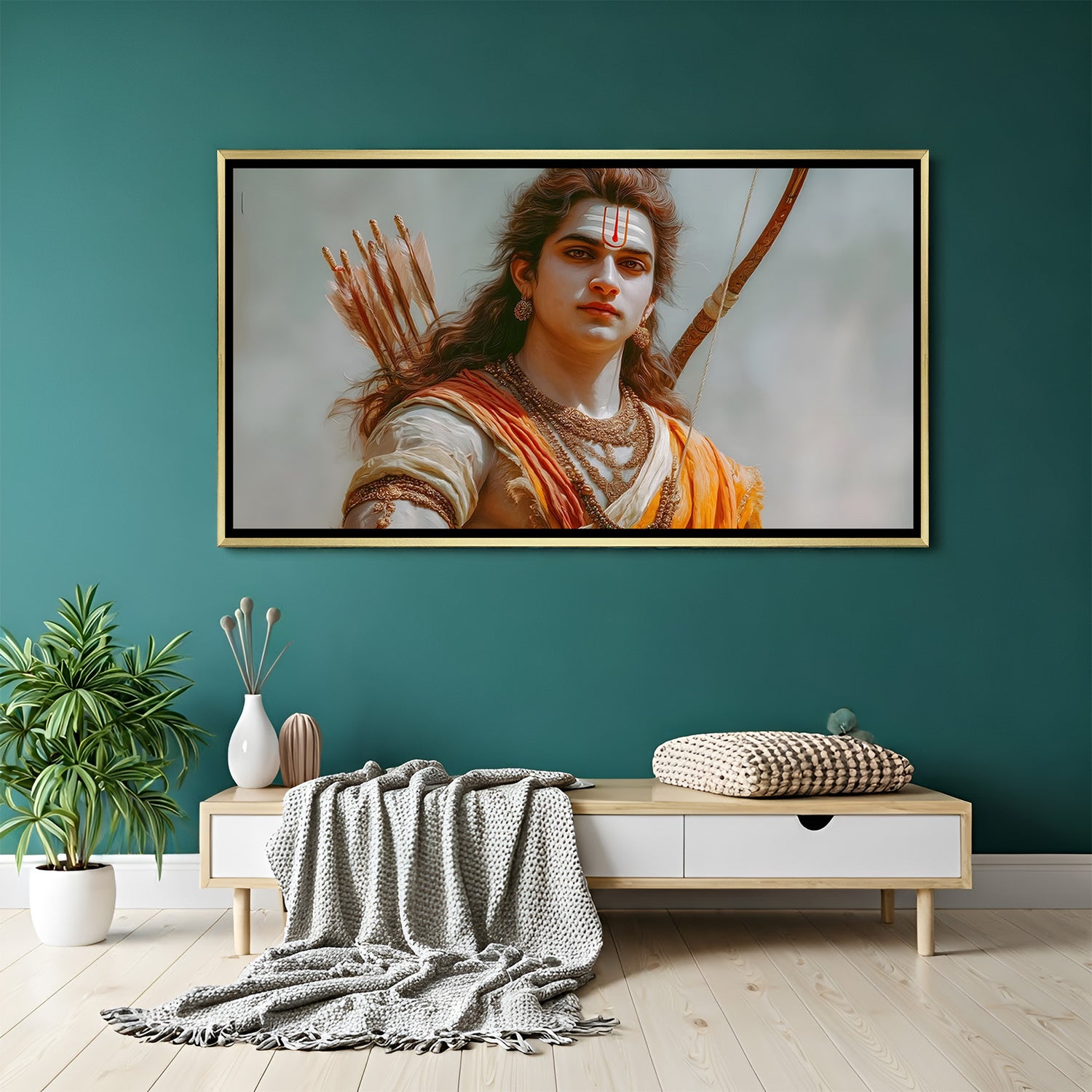 Elegant Shri Ram Sita wall art in gold frame with intricate spiritual detailing and warm golden tones.