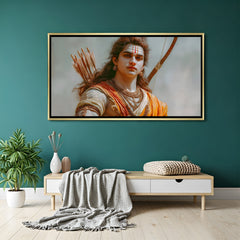 Elegant Shri Ram Sita wall art in gold frame with intricate spiritual detailing and warm golden tones.
