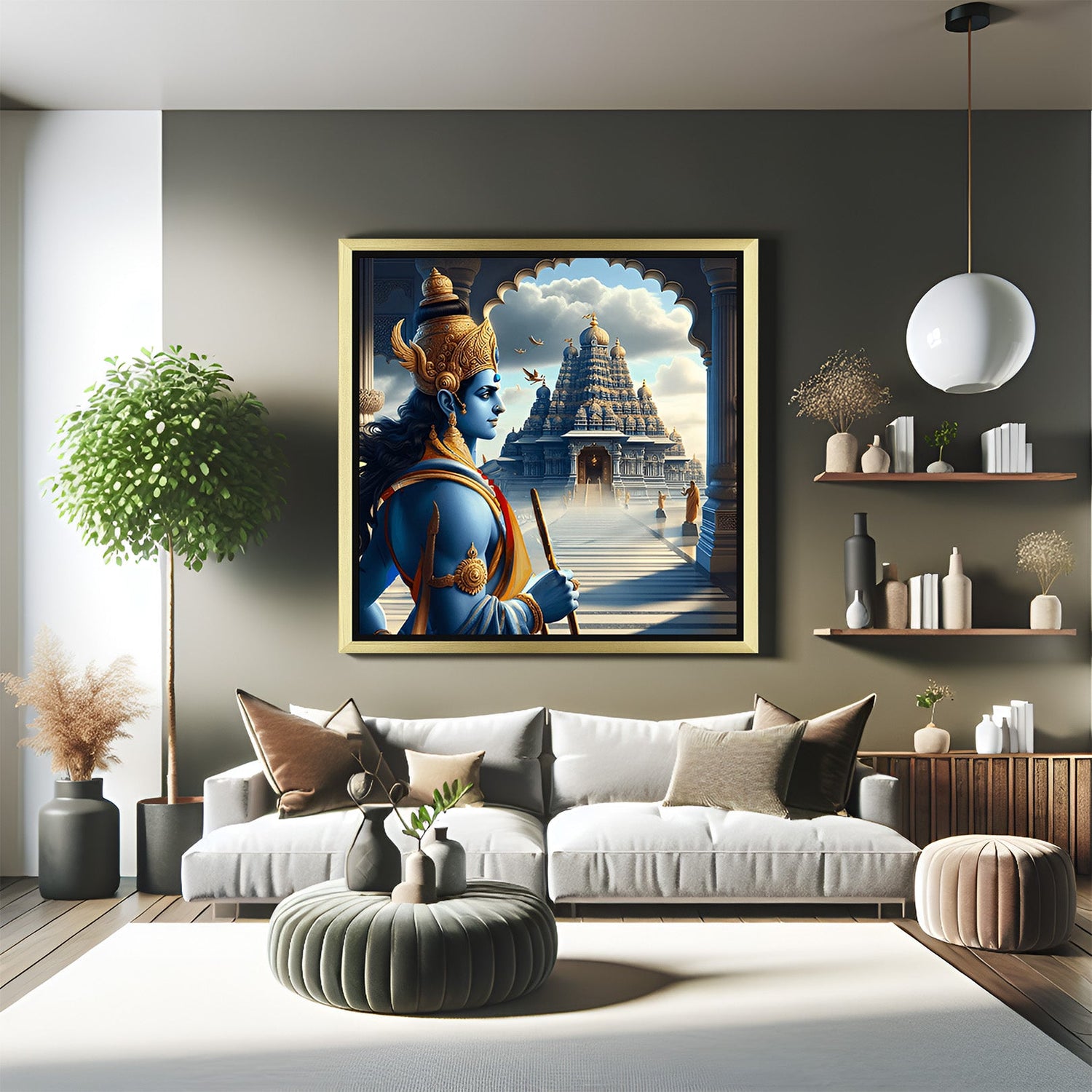 Golden floater frame Shri Ram canvas with Ram Mandir behind, perfect for Vastu wall art in home or office to invoke blessings and inner strength
