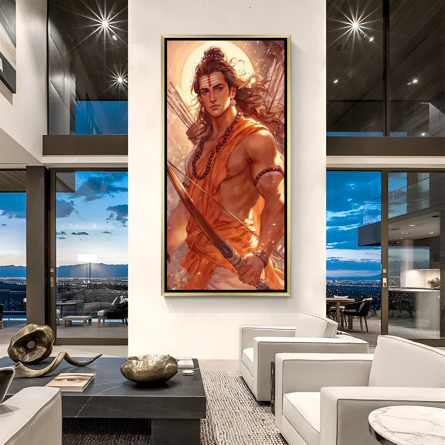 Elegant Shri Ram canvas painting with golden frame reflecting divine glow and spiritual beauty for home decor