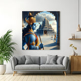 Shri Ram canvas wall art with Ram Mandir in the background, ideal for Vastu-based home or office decor, bringing strength, devotion, and sacred energy