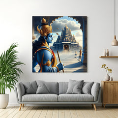 Shri Ram canvas wall art with Ram Mandir in the background, ideal for Vastu-based home or office decor, bringing strength, devotion, and sacred energy