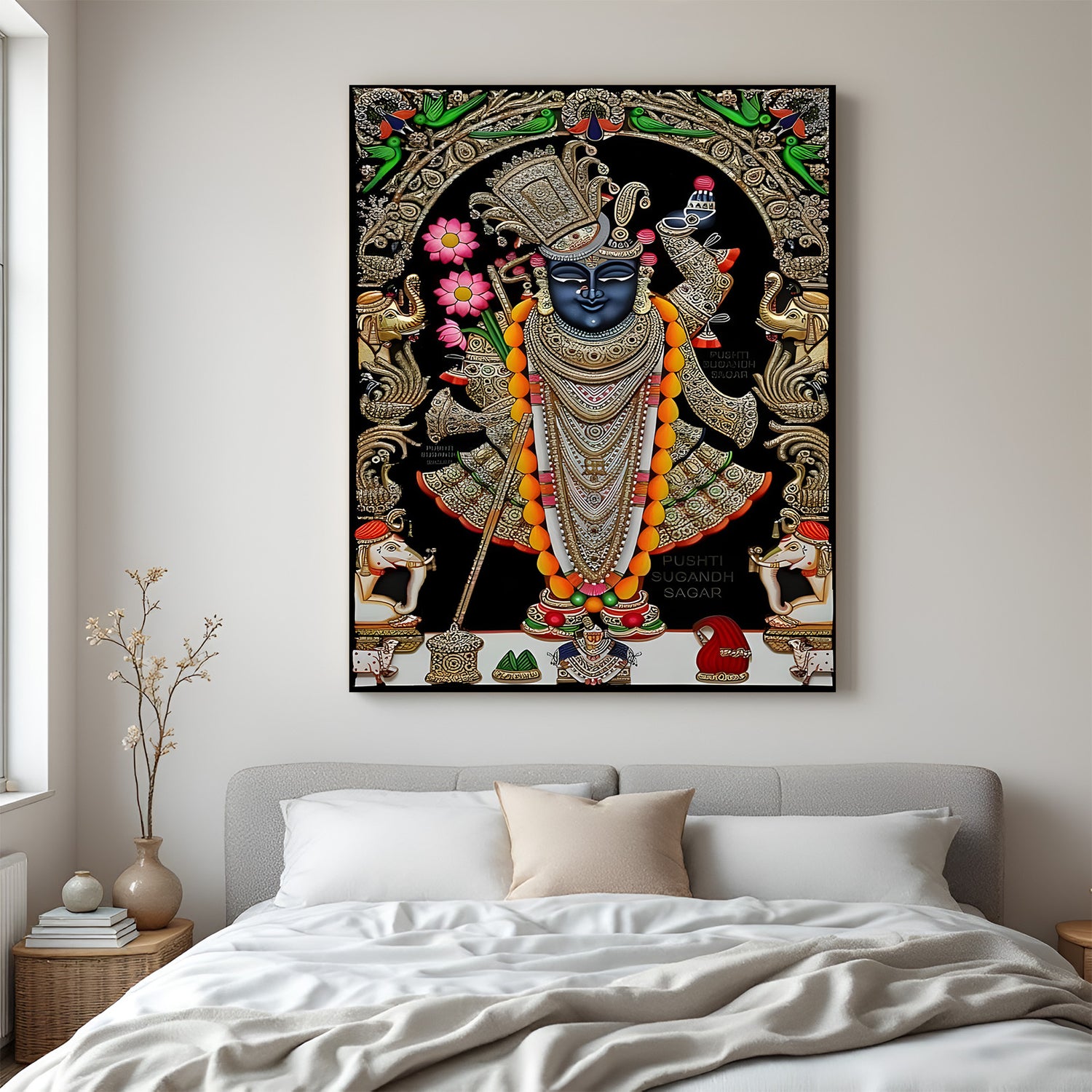 Shrinath Ji black royal Pichwai canvas wrapped wall art traditional spiritual painting for home decor