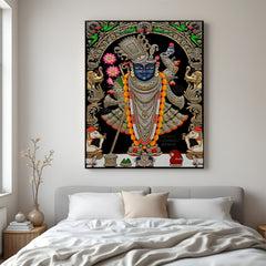 Shrinath Ji black royal Pichwai canvas wrapped wall art traditional spiritual painting for home decor