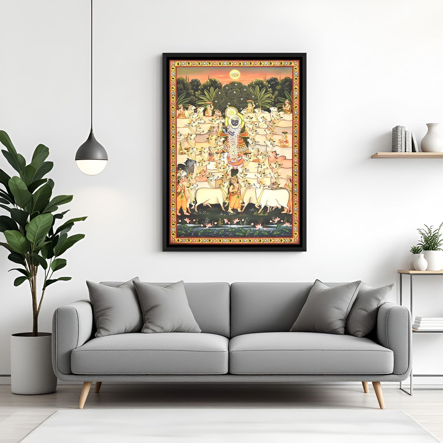 Shrinath Ji Gau Seva Pichwai painting black floater frame wall art for living room decor