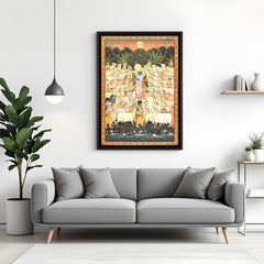 Shrinath Ji Gau Seva Pichwai painting black floater frame wall art for living room decor