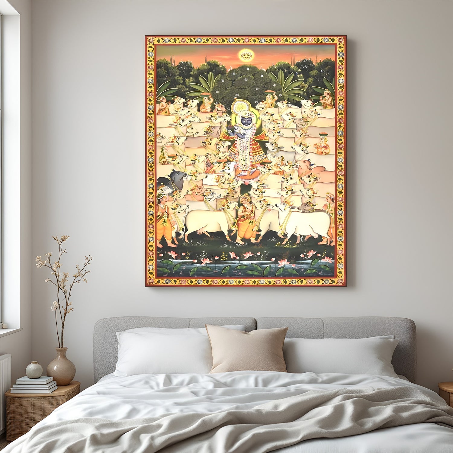 Shrinath Ji Gau Seva Pichwai canvas wrapped wall art traditional spiritual painting with cows for home decor