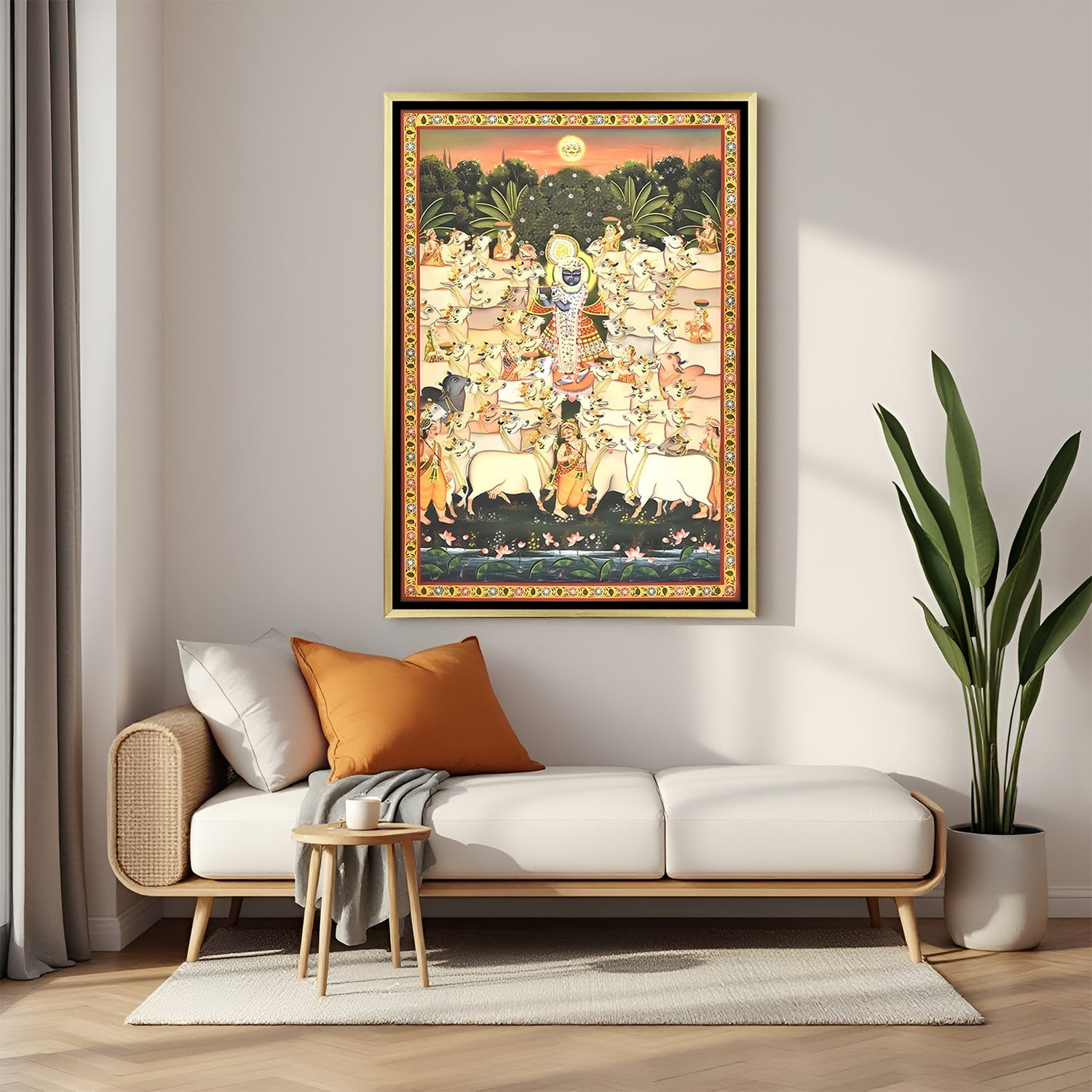Shrinath Ji Gau Seva Pichwai golden floater frame canvas wall art premium spiritual painting for home decor