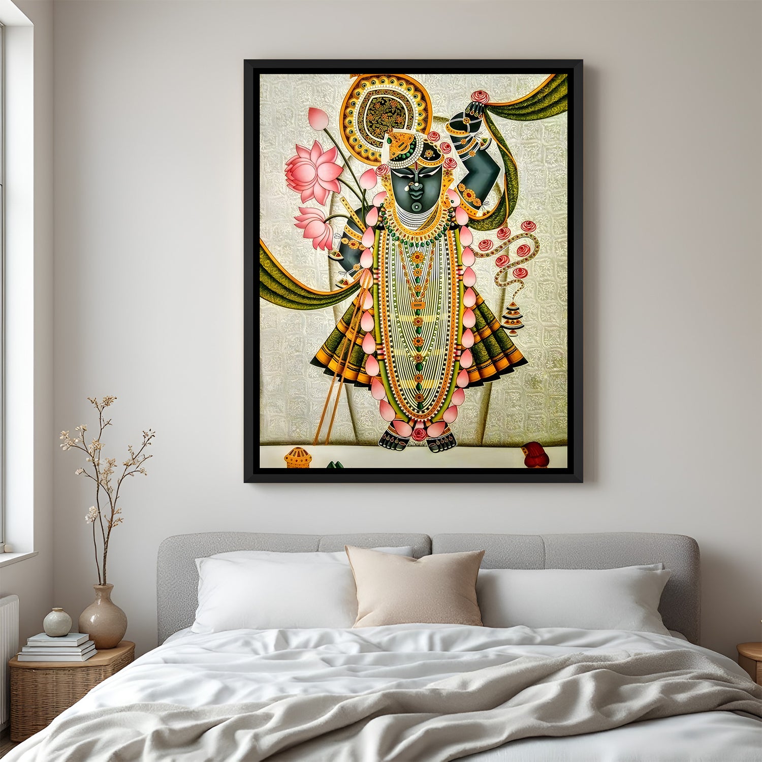 Shrinath Ji green Pichwai painting black floater frame wall art for living room decor