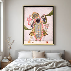 Shrinath Ji lotus Pichwai golden floater frame canvas wall art premium spiritual painting for home decor