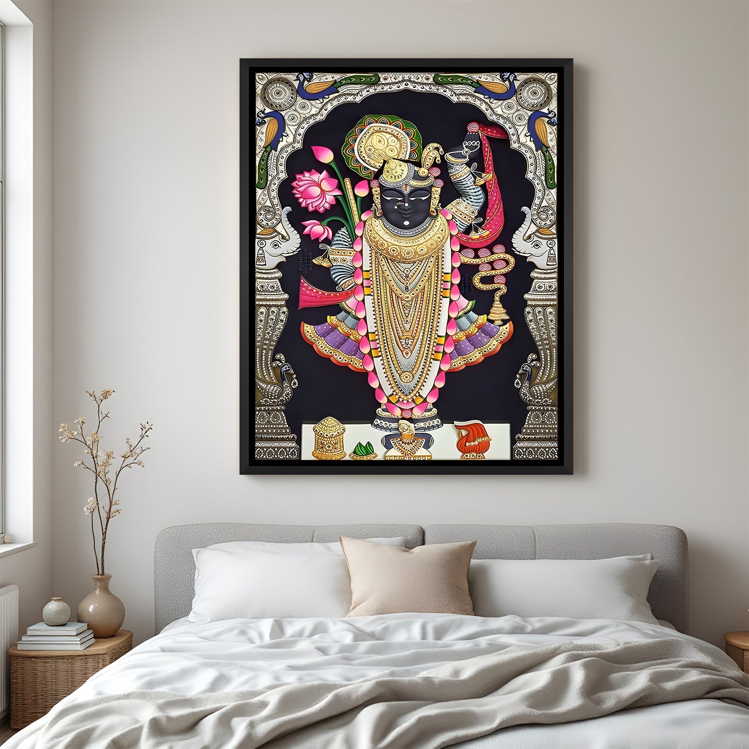 Shrinath Ji navy royal Pichwai painting black floater frame wall art for living room decor