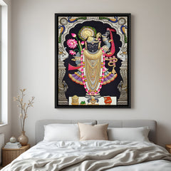 Shrinath Ji navy royal Pichwai painting black floater frame wall art for living room decor