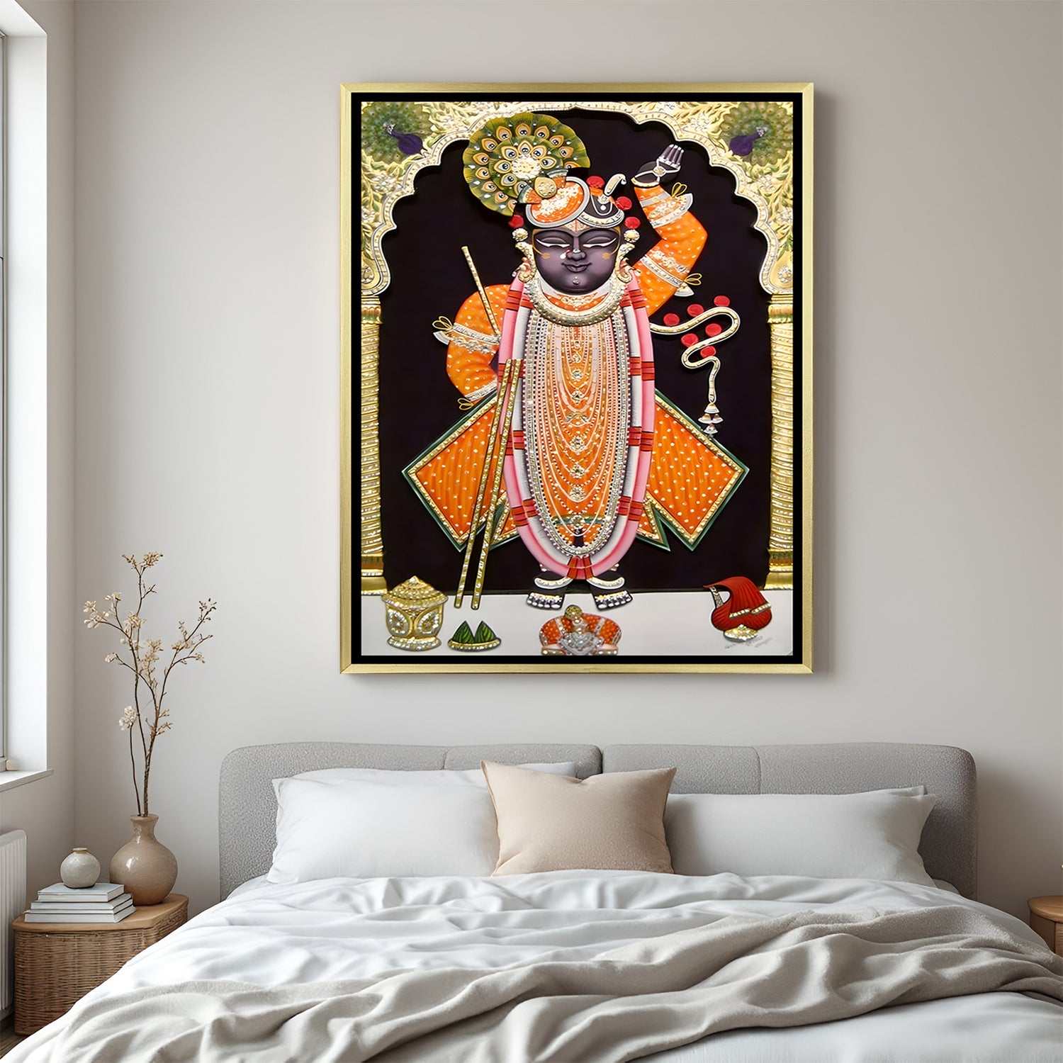Shrinath Ji orange Pichwai golden floater frame canvas wall art premium spiritual painting for home decor
