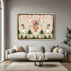 Shrinathji Pichwai golden floater frame canvas wall art premium spiritual painting for home decor