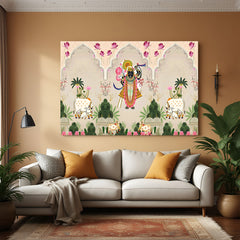 Shrinathji Pichwai style canvas wrapped wall art with cows and lotus for home decor
