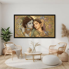 Radha Krishna devotional canvas painting in elegant black floater frame for contemporary home décor