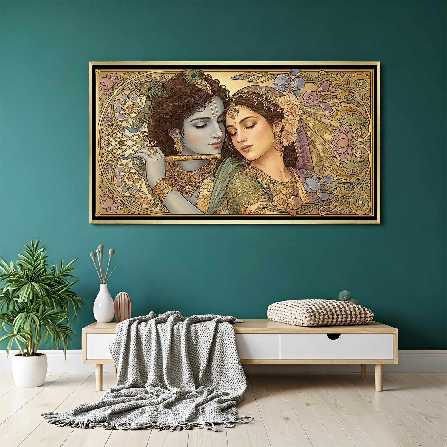 ShyamSundar Eternal Bloom Radha Krishna artwork in luxurious golden floater frame with divine detailing