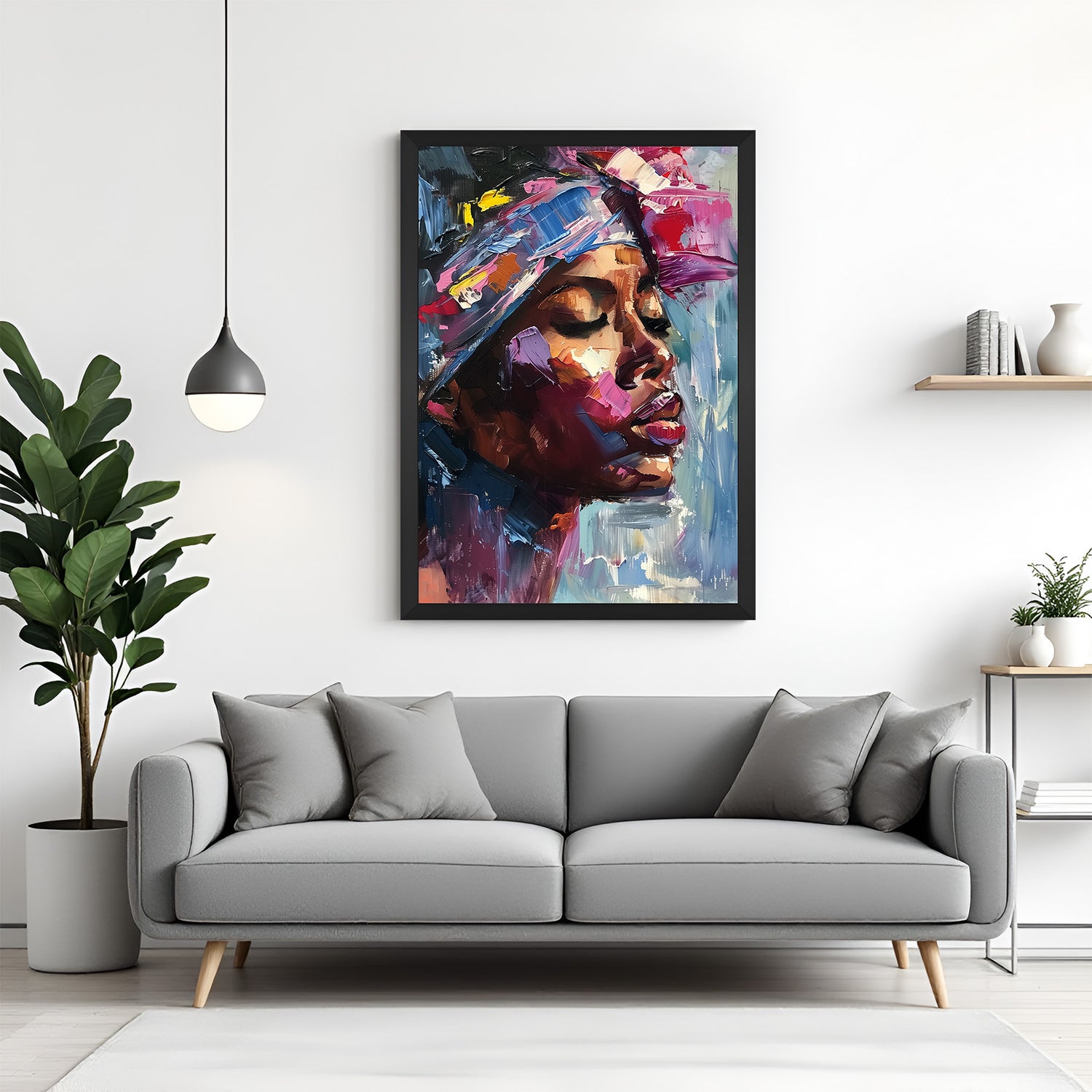 Framed canvas of African woman’s side face in abstract design with soft brushwork and rich tones, black floater frame for elegant display