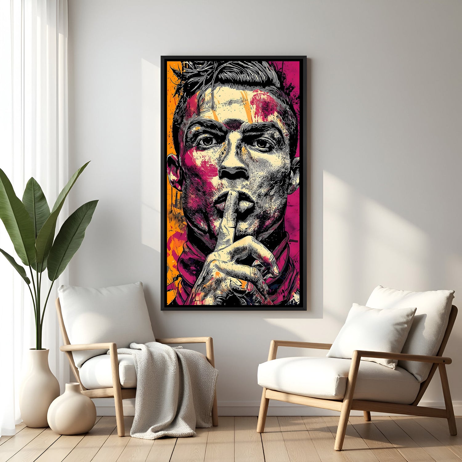 Modern football portrait artwork in elegant black floater frame with vibrant pop-art styling