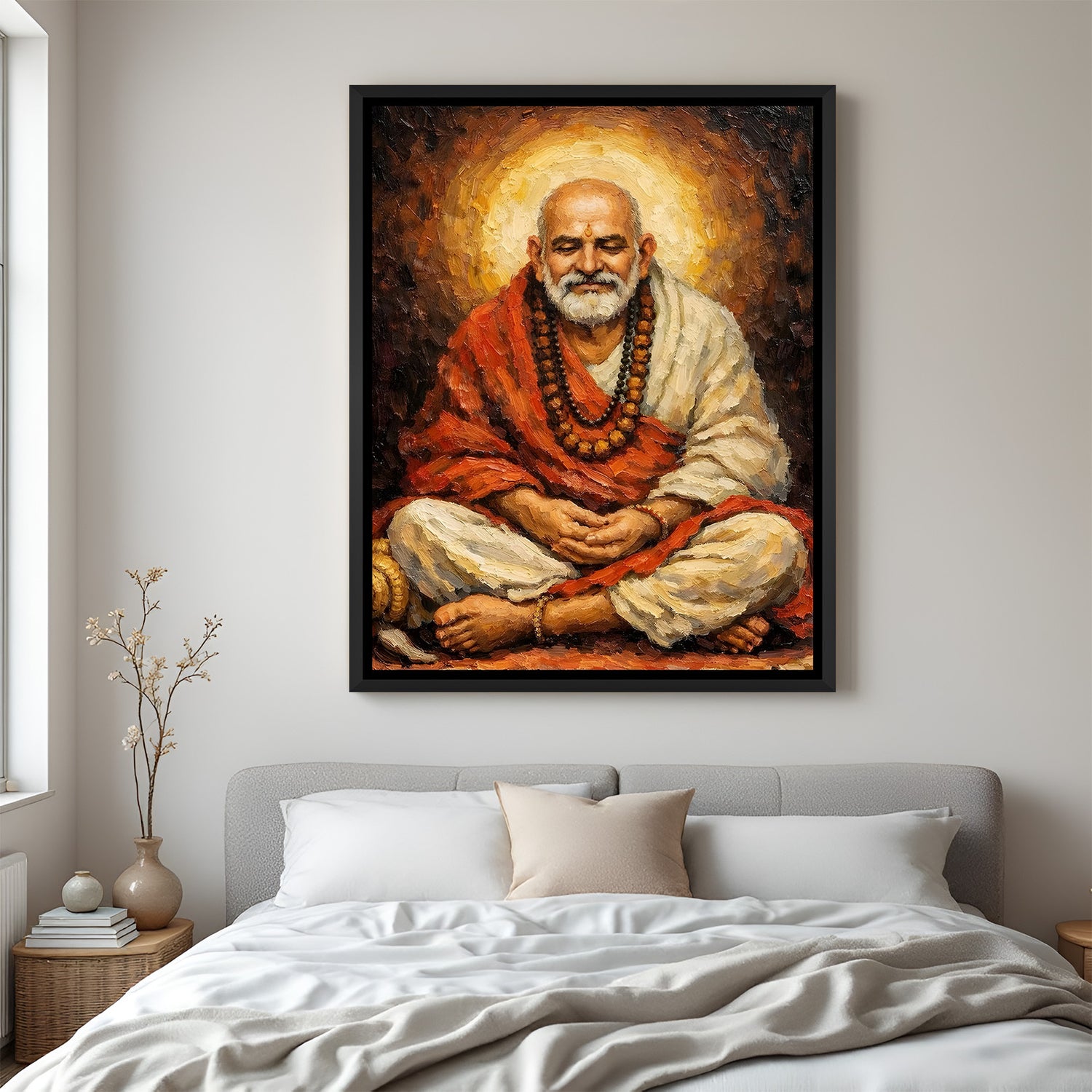 Meditating Neem Karoli Baba spiritual artwork in elegant black floater frame