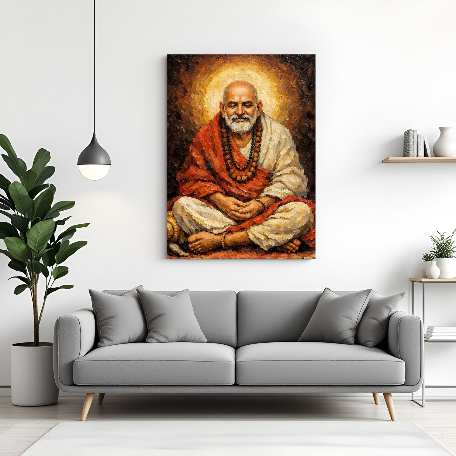 Neem Karoli Baba seated in deep meditation in premium canvas wrapped frame