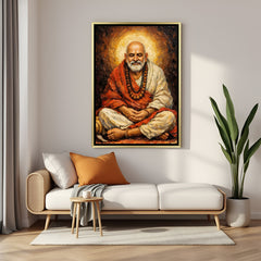 Silence of Kainchi Dham Neem Karoli Baba artwork in luxury golden floater frame featuring serene meditation pose
