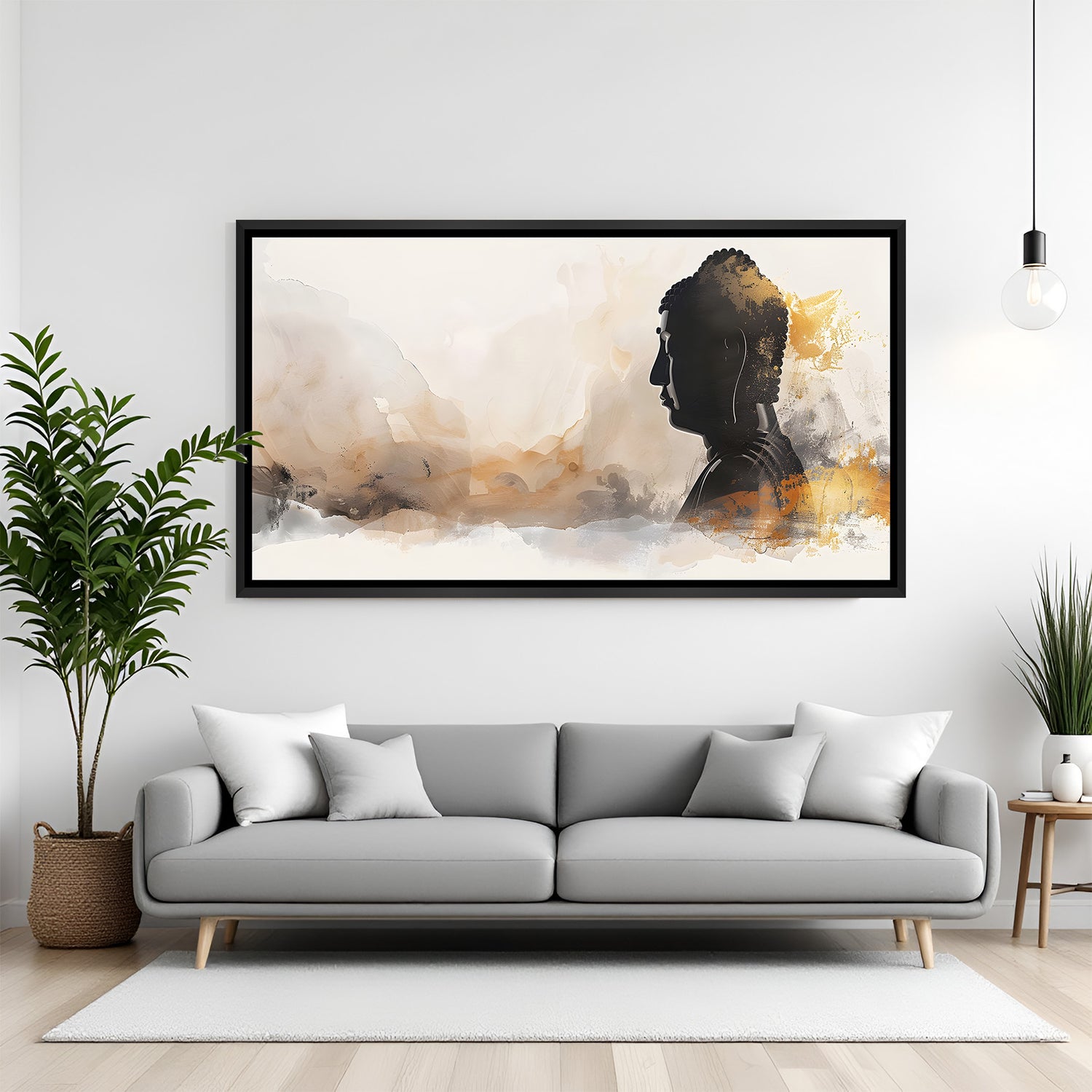 Modern abstract Buddha silhouette artwork in black floater frame with earthy beige tones.